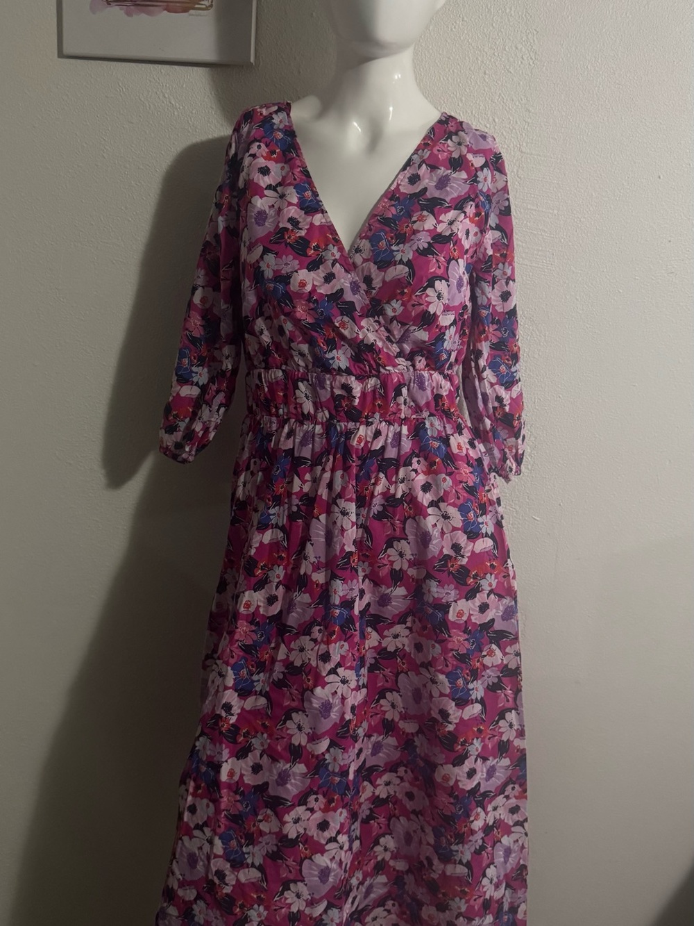 Pink Floral Wrap Midi Dress with V-Neck